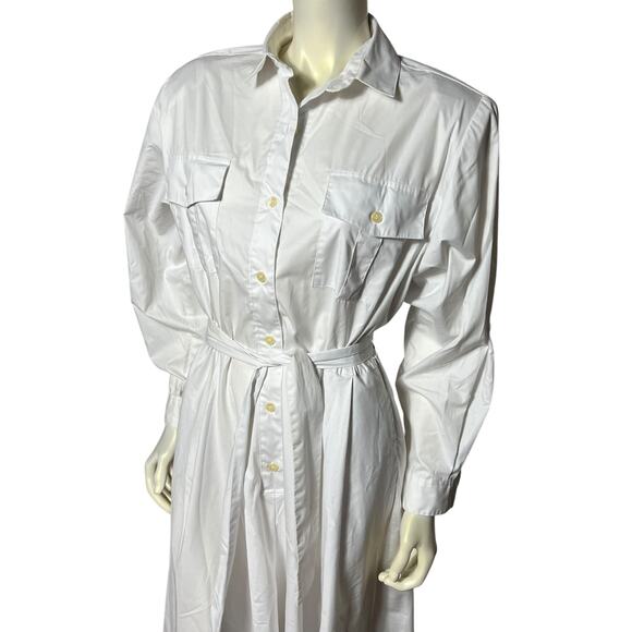Ms. Chaus White Cotton Blend Shirt Dress Utility Style Midi with Belt Size 14 - Picture 3 of 11